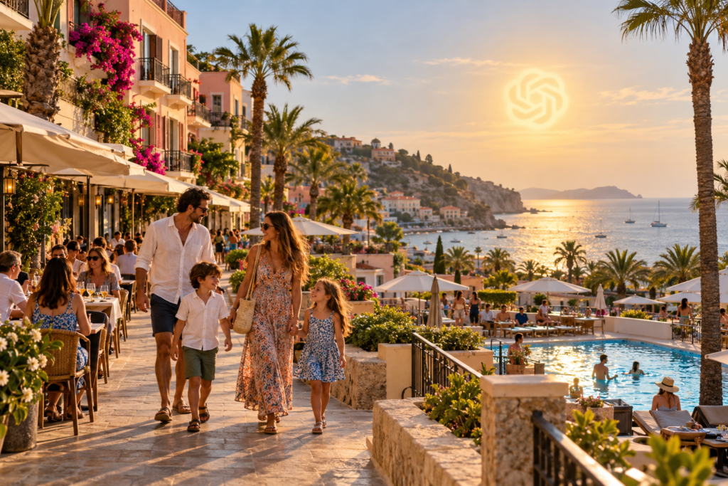 Paseo costero al atardecer con cuatro personas caminando junto a restaurantes, palmeras, piscina y un sol con un logotipo brillante sobre el mar.
