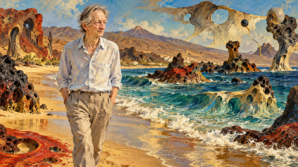 Hombre mayor caminando por la orilla de una playa con camisa clara y pantalones; olas azules y rocas erosionadas con huecos bajo un cielo parcialmente nublado.