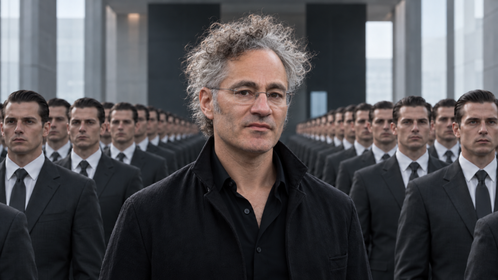 Hombre de mediana edad con gafas y cabello rizado en primer plano; detrás, filas simétricas de hombres con traje oscuro en un vestíbulo moderno.