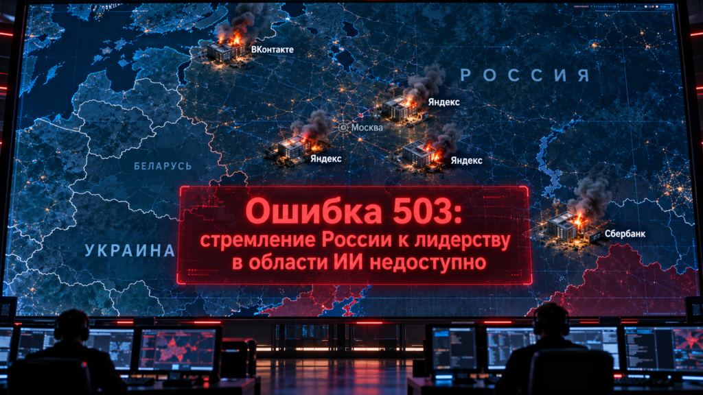 Sala de control con gran pantalla que muestra un mapa nocturno de Rusia y vecinos, iconos de servidores en llamas y un rótulo rojo en ruso 'Ошибка 503...'.