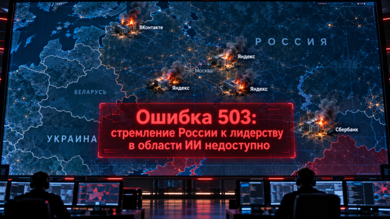 Sala de control con gran pantalla que muestra un mapa nocturno de Rusia y vecinos, iconos de servidores en llamas y un rótulo rojo en ruso 'Ошибка 503...'.