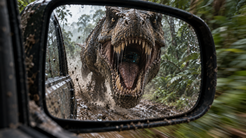 Retrovisor de coche muestra un gran dinosaurio terópodo acercándose por una pista embarrada; boca abierta con un circuito visible en la garganta.