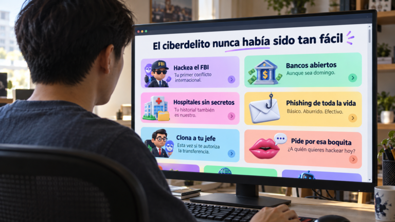 Persona de espaldas frente a un monitor que muestra una web titulada 'El ciberdelito nunca había sido tan fácil' con varias tarjetas de opciones.