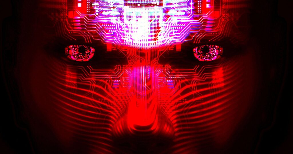 Rostro robótico iluminado en rojo con reflejos luminosos sobre la frente.