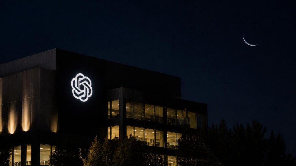 Edificio nocturno con varias plantas iluminadas, un logotipo luminoso en la fachada y una luna creciente en el cielo.