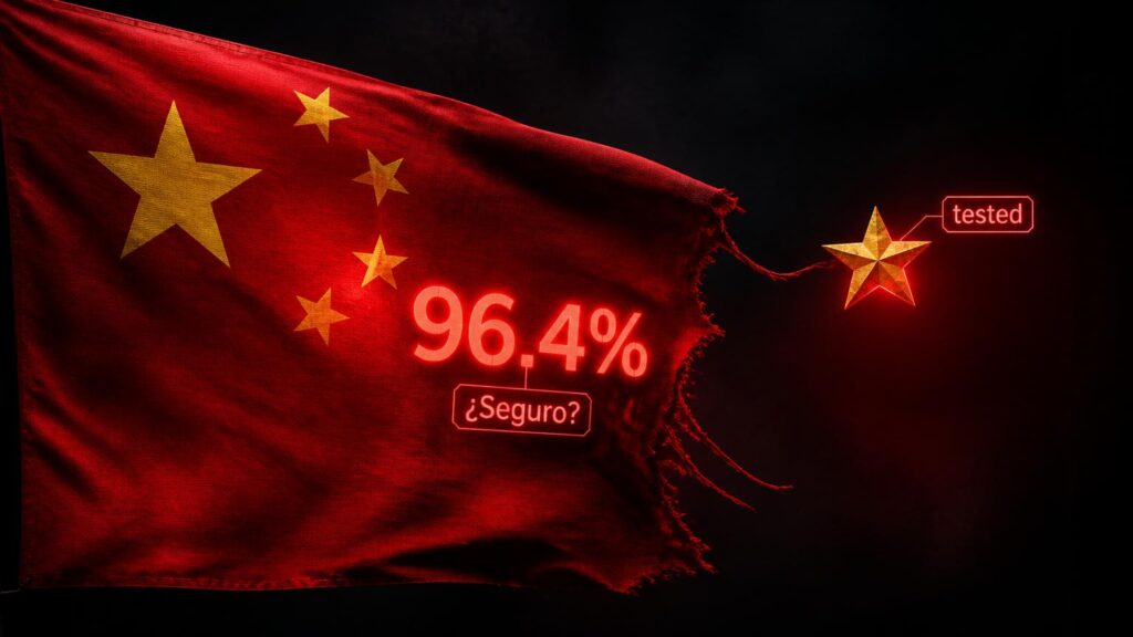 Bandera roja con estrellas amarillas, cifra luminosa '96.4%', texto '¿Seguro?' y una estrella separada etiquetada 'tested'.