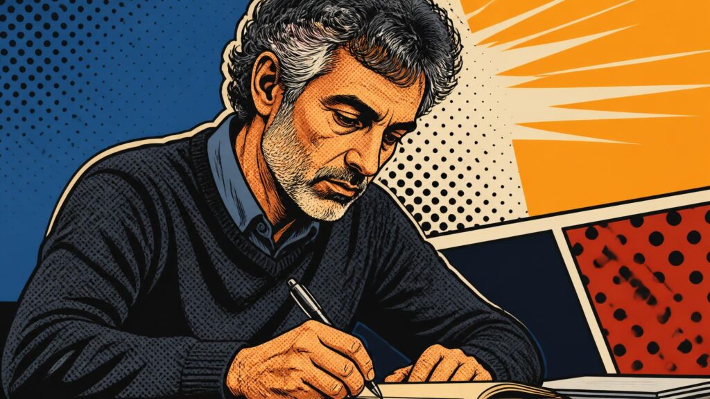 Ilustración estilo cómic de un hombre canoso escribiendo en una mesa, con fondo de puntos y bloques de color.