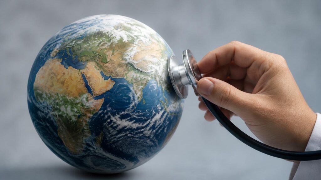 Mano con estetoscopio apoyada sobre un globo terráqueo; se ven África, Europa y Asia, fondo gris desenfocado.