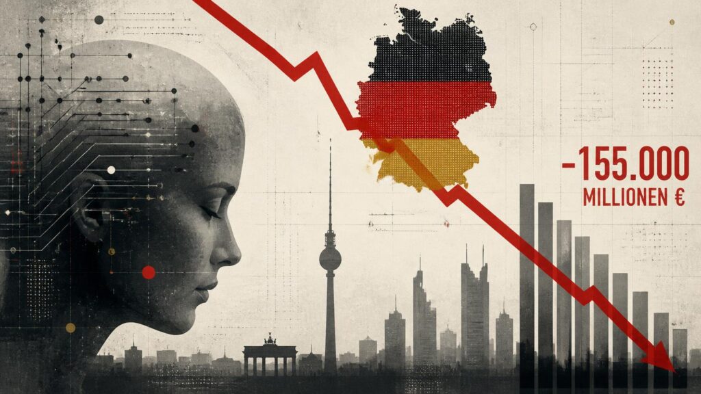 Ilustración generada: perfil humanoide con circuitos, mapa de Alemania con bandera, flecha roja descendente y la cifra '-155.000 MILLIONEN €' sobre un skyline urbano.