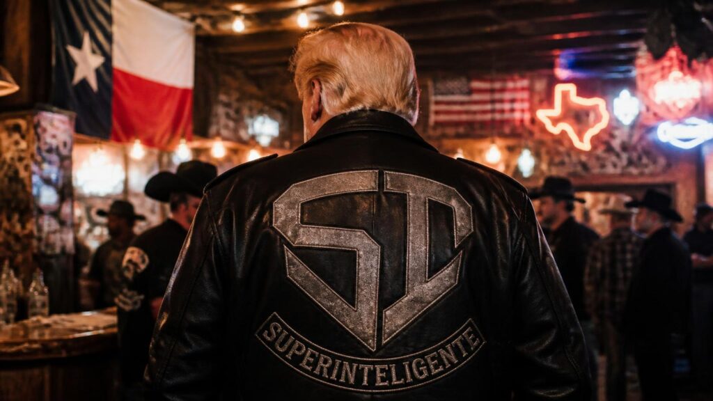 Persona de espaldas con chaqueta de cuero negra con emblema 'SI' y texto 'SUPERINTELIGENTE' en un bar con neones y bandera de Texas.