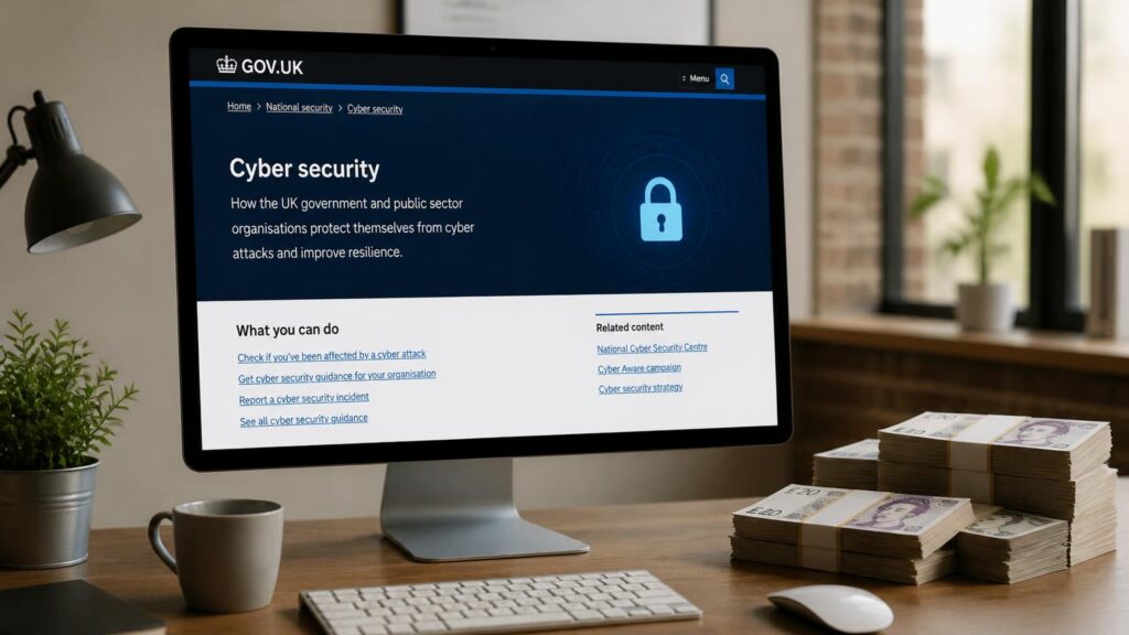 Monitor muestra la página 'Cyber security' de GOV.UK; en la mesa hay teclado, ratón, taza, planta y varios fajos de libras esterlinas.