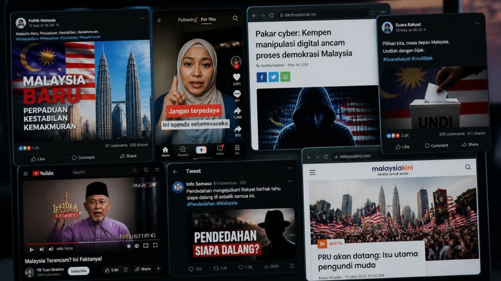 Collage de varias capturas de redes y noticias en malayo con banderas, Petronas Towers, urna de votación y figura encapuchada.