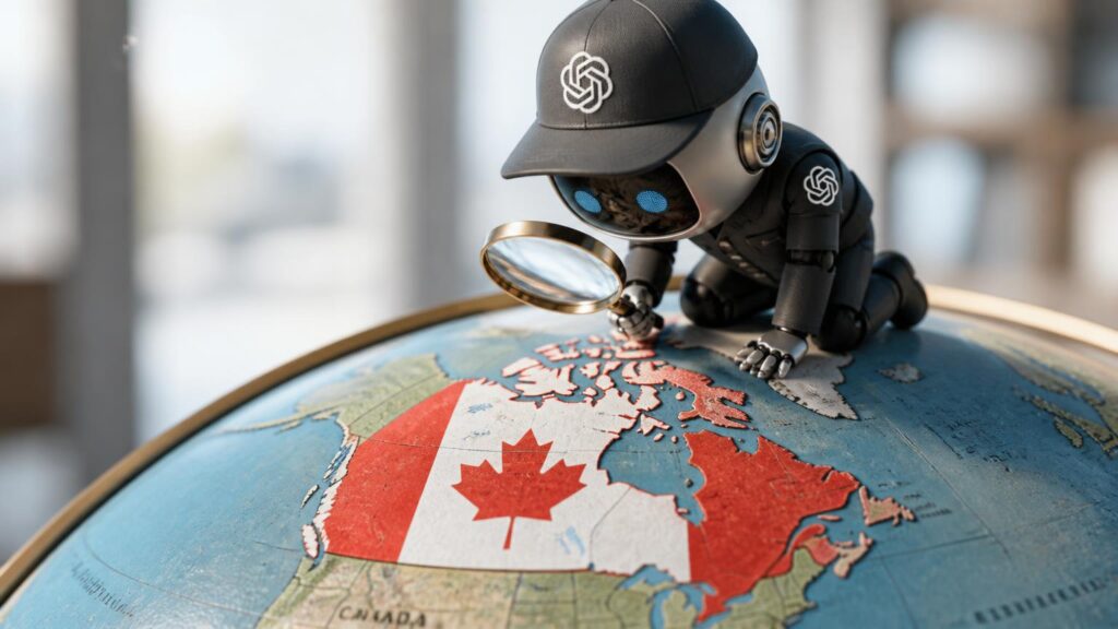 Pequeño robot con gorra y símbolo blanco examina con lupa un globo terrestre donde Canadá aparece pintado con la bandera canadiense.