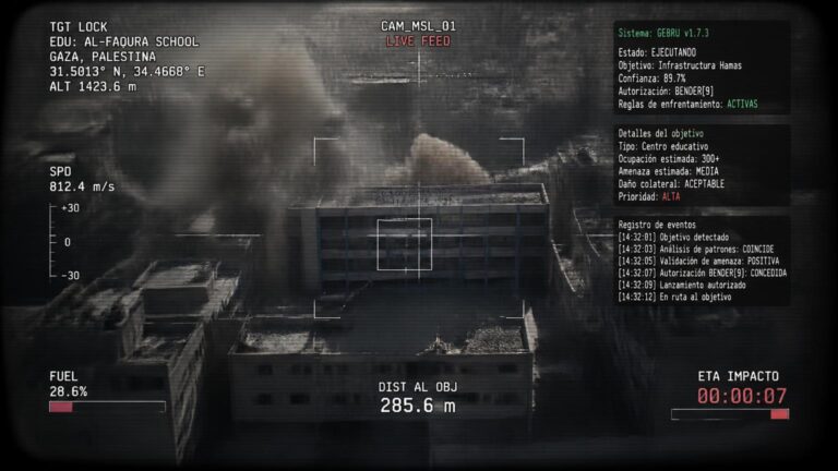 Imagen tipo HUD de dron sobre edificio con humo, mira de objetivo, indicadores y cuenta atrás de impacto en español.