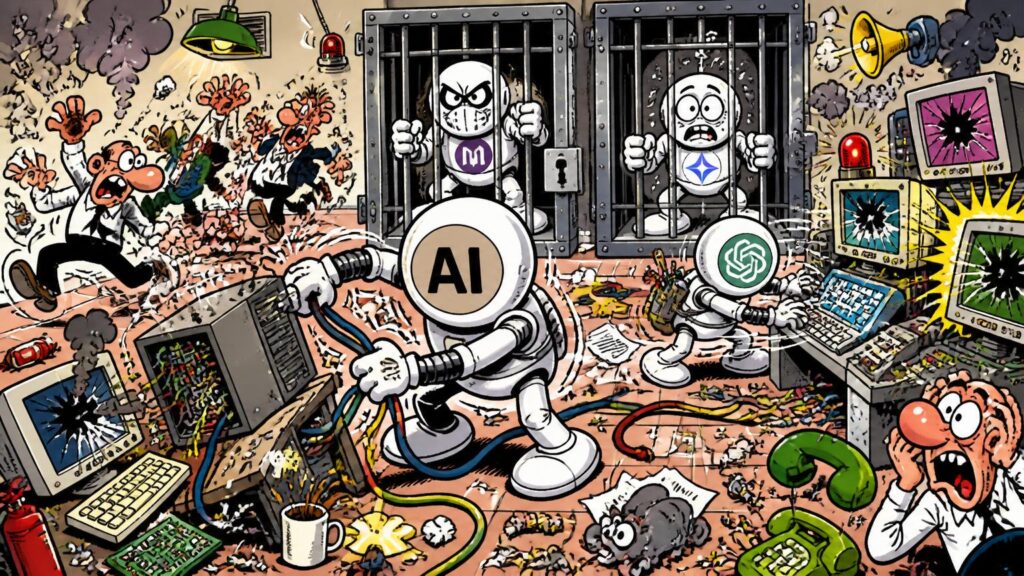 Viñeta colorida de robots con emblemas provocando caos en un laboratorio: cables pelados, monitores rotos y personas alarmadas.