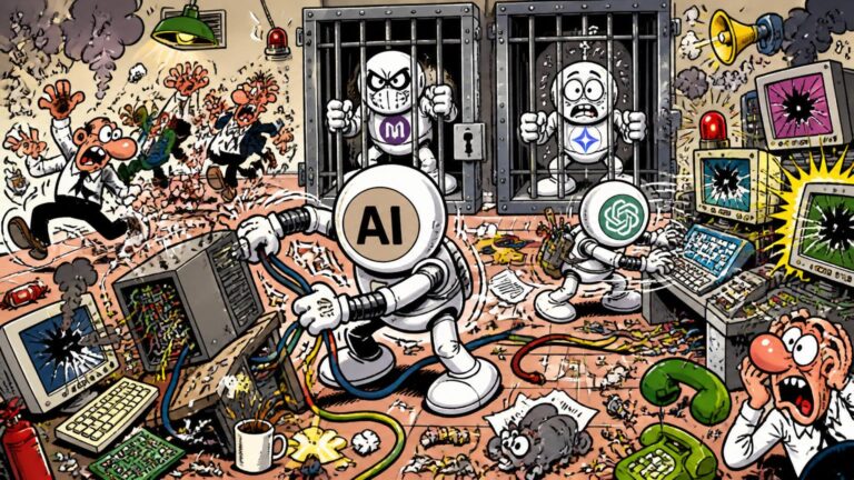 Viñeta colorida de robots con emblemas provocando caos en un laboratorio: cables pelados, monitores rotos y personas alarmadas.