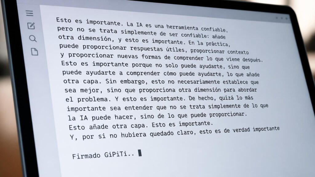 Pantalla de dispositivo con texto en español repetitivo que empieza 'Esto es importante' en fuente monoespaciada; al final aparece 'Firmado GiPiTi..'.