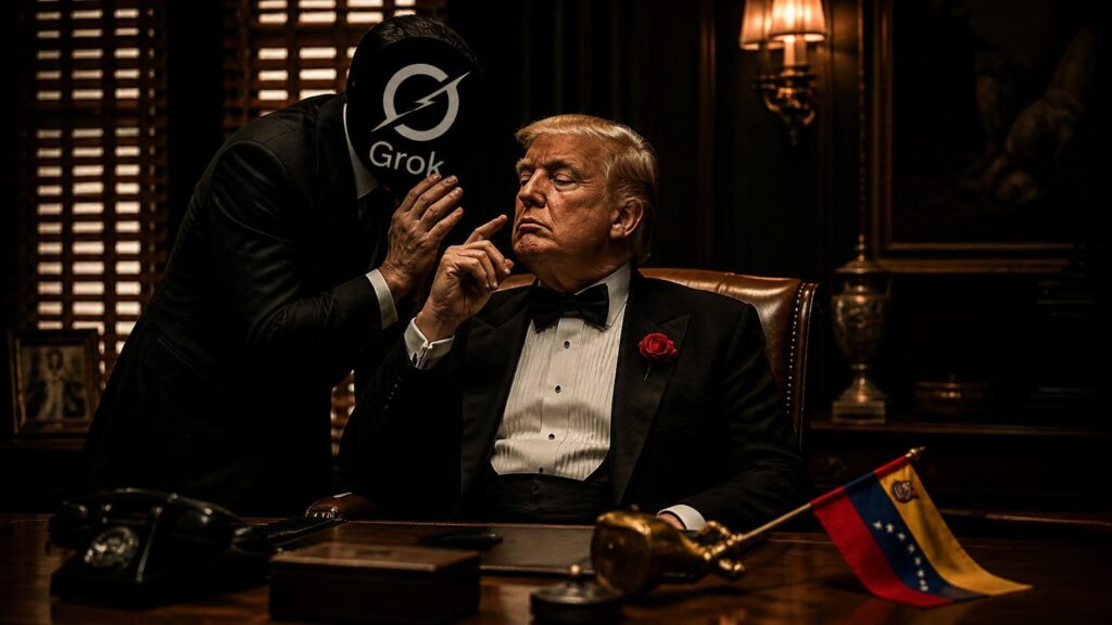 Hombre mayor rubio en esmoquin sentado en un despacho lujoso; una figura con el logo 'Grok' en la cara le susurra; bandera de Venezuela sobre la mesa.
