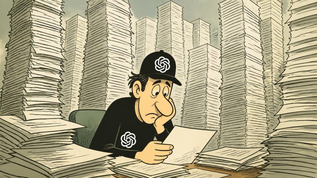 Ilustración de un revisor agotado leyendo un papel entre altas pilas de documentos, con gorra y camiseta con logotipo estilizado.