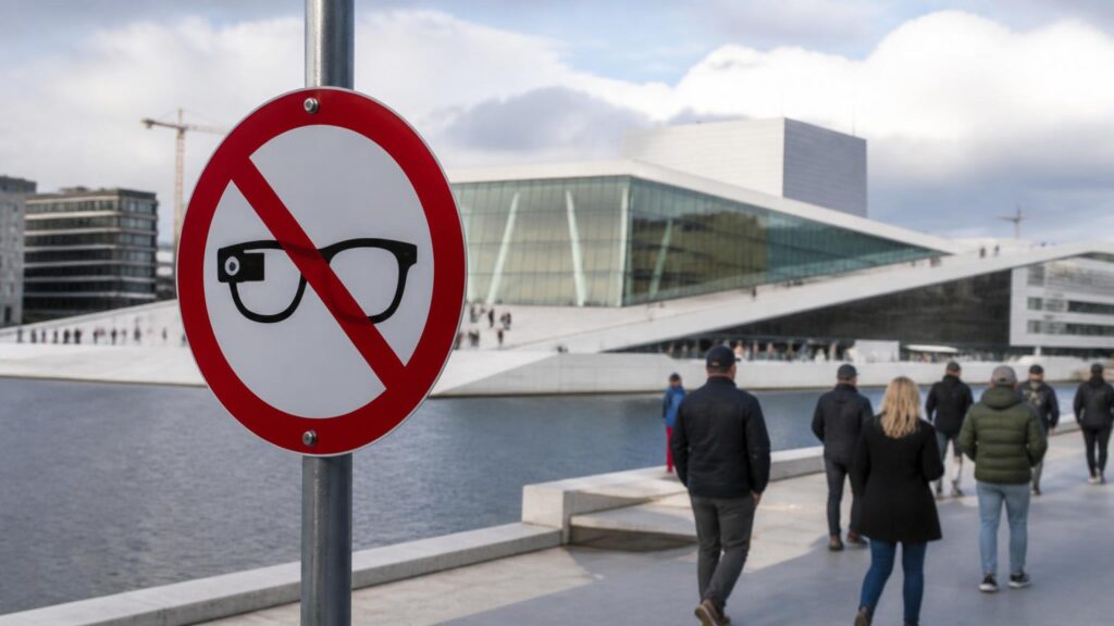 Señal circular con barra roja sobre un icono de gafas con cámara en primer plano; paseo junto al agua y edificio moderno inclinado al fondo.