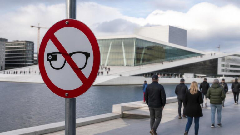 Señal circular con barra roja sobre un icono de gafas con cámara en primer plano; paseo junto al agua y edificio moderno inclinado al fondo.