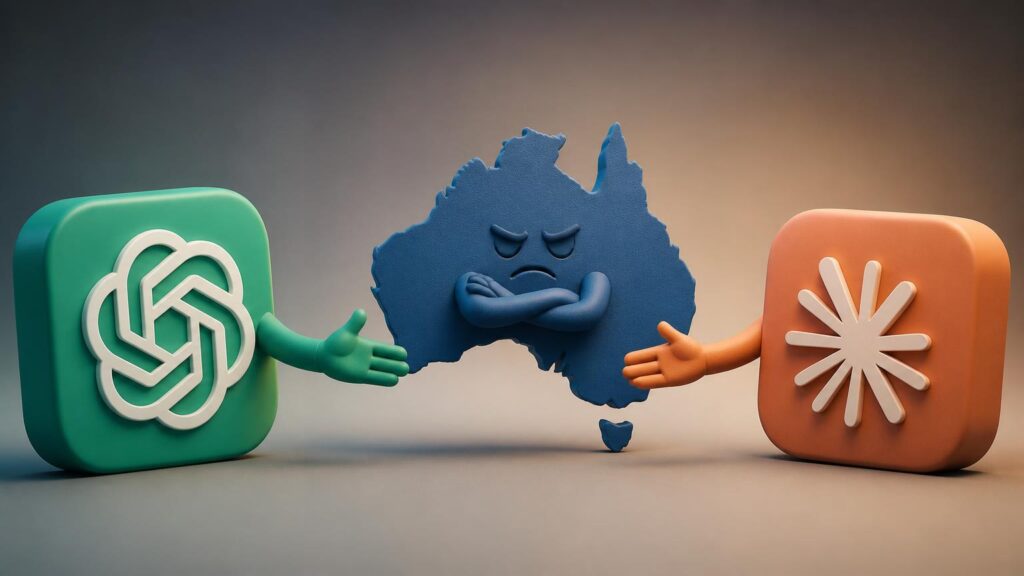 Dos iconos cuadrados con brazos se acercan a un mapa de Australia azul con gesto enfadado y brazos cruzados.