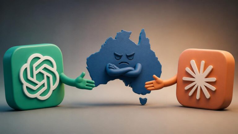 Dos iconos cuadrados con brazos se acercan a un mapa de Australia azul con gesto enfadado y brazos cruzados.