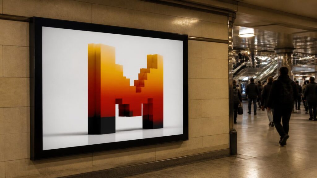 Panel iluminado con una letra M pixelada en tonos naranja y negro en la pared de un vestíbulo subterráneo, con personas caminando al fondo.