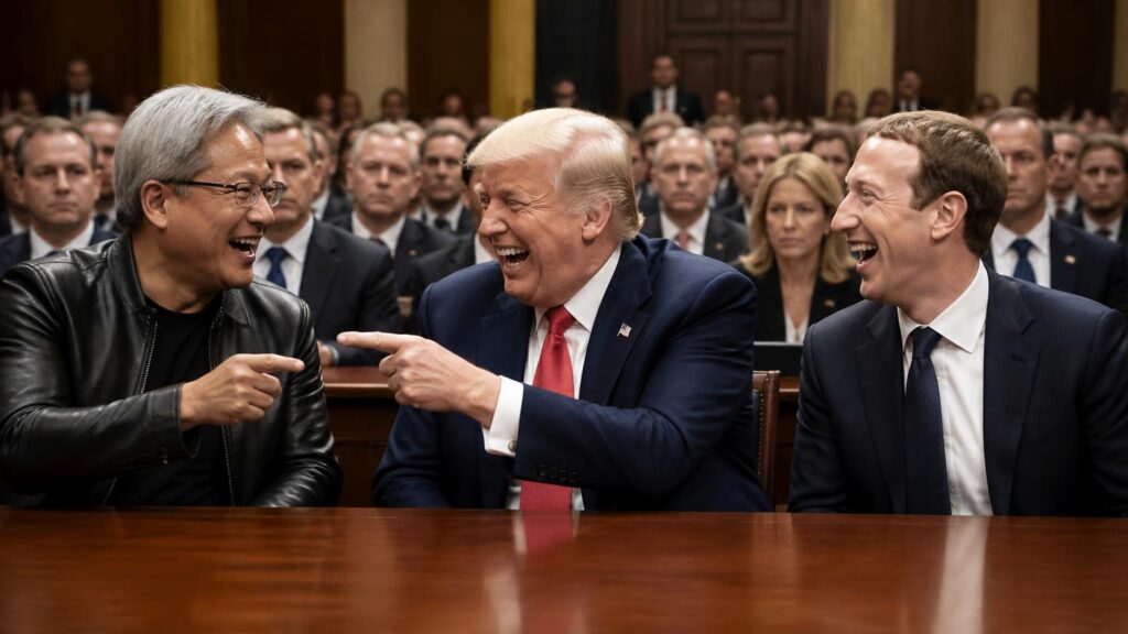 Tres hombres adultos en primera fila de un salón con paneles de madera, riendo y señalándose entre sí ante una audiencia seria; imagen generada ilustrativa.