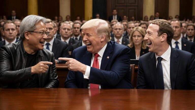 Tres hombres adultos en primera fila de un salón con paneles de madera, riendo y señalándose entre sí ante una audiencia seria; imagen generada ilustrativa.