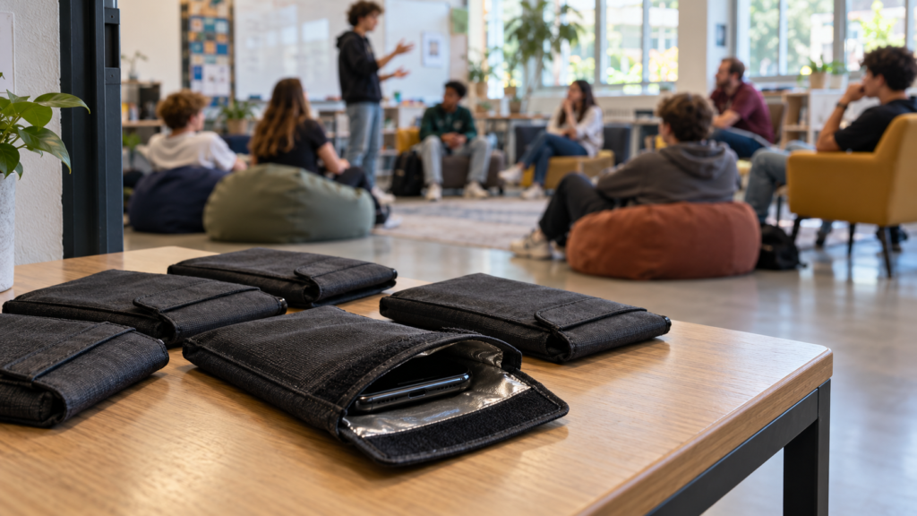 Móviles en bolsas de Faraday en primer plano y adolescentes conversando en un aula desenfocada al fondo.