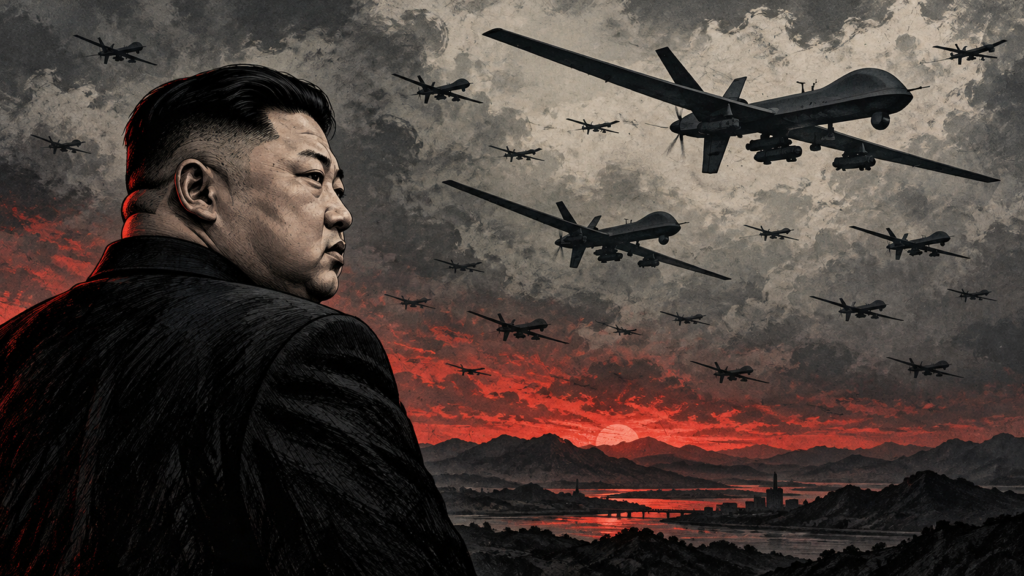 Ilustración de Kim Jong Un de perfil ante un cielo gris lleno de drones y un horizonte rojo.