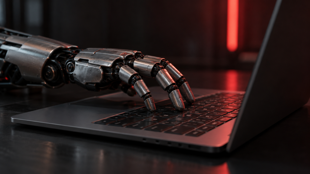 Una mano robótica metálica sobre el teclado de un portátil en una habitación oscura con luz de neón roja tenue.