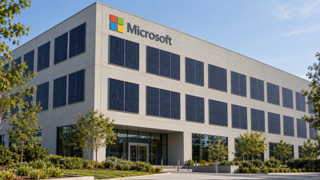 Edificio con el logotipo de Microsoft y paneles solares dispuestos como ventanas sobre una fachada lisa.