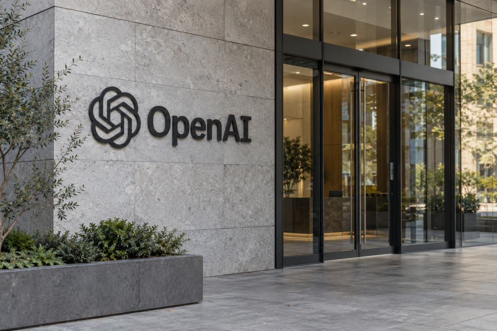 Recreación de una entrada de oficinas con el logotipo de OpenAI sobre una pared de piedra gris.