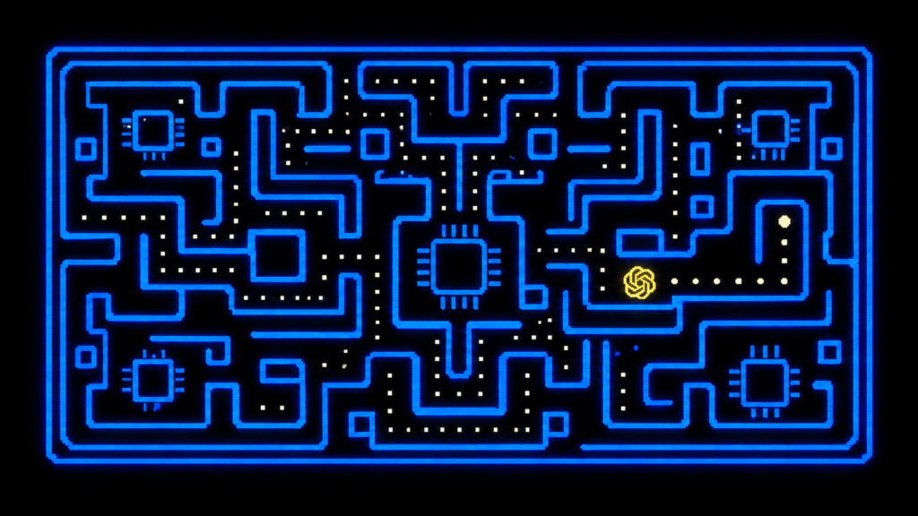 Logo amarillo de ChatGPT dentro de un laberinto azul cerrado, con estética de videojuego arcade.