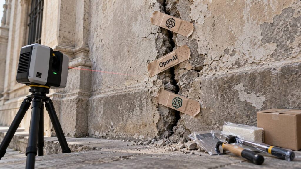 Grieta en una pared cubierta con tiritas de OpenAI y ChatGPT junto a un escáner láser.