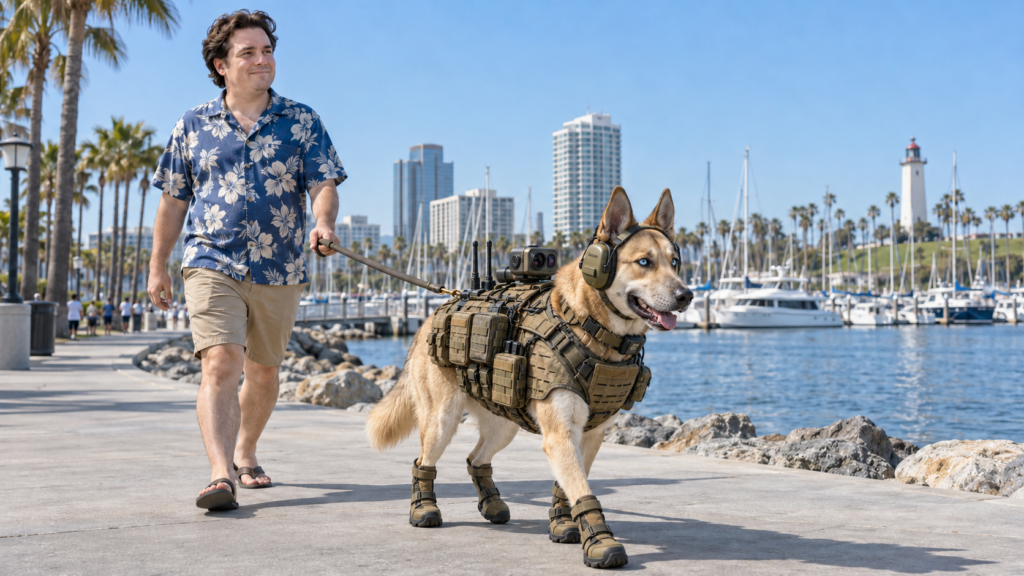 Imagen creada con IA de Palmer Luckey paseando por Long Beach con un perro rubio de ojos azules equipado con protección táctica y sensores.