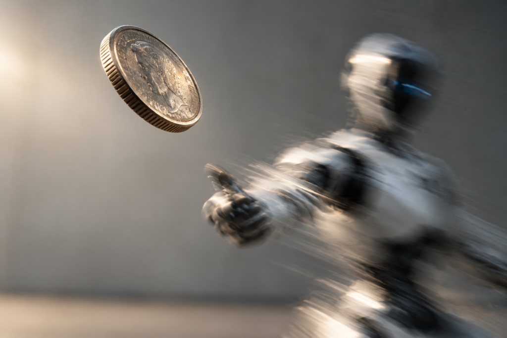 Moneda suspendida en el aire y enfocada en primer plano, con el robot que acaba de lanzarla difuminado por el movimiento al fondo.