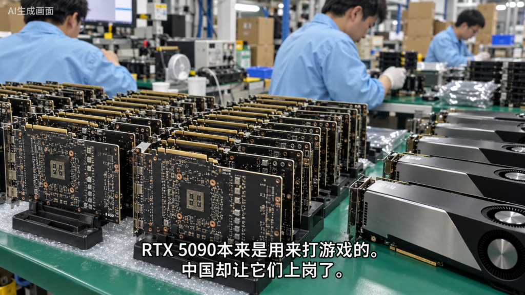 Filas de placas de tarjetas gráficas y GPU con refrigeración de turbina en primer plano, con trabajadores al fondo y subtítulos en chino.