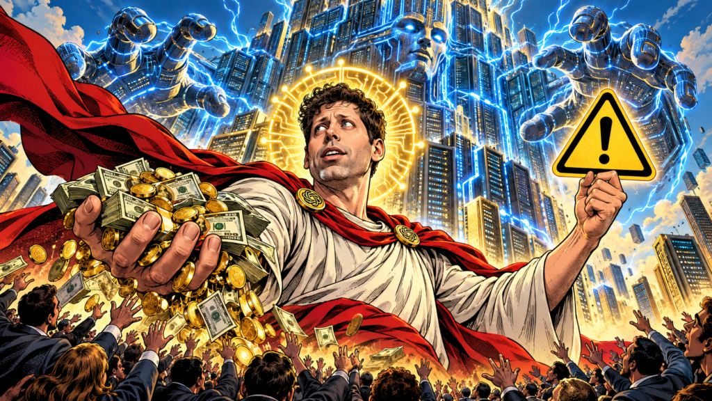 Caricatura de Sam Altman como Samdios, con halo de circuitos, dinero en una mano y una señal de peligro en la otra, ante una gigantesca máquina de IA.
