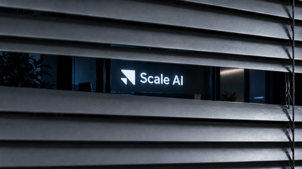 Logotipo y nombre de Scale AI iluminados, vistos entre las lamas de una persiana entreabierta.