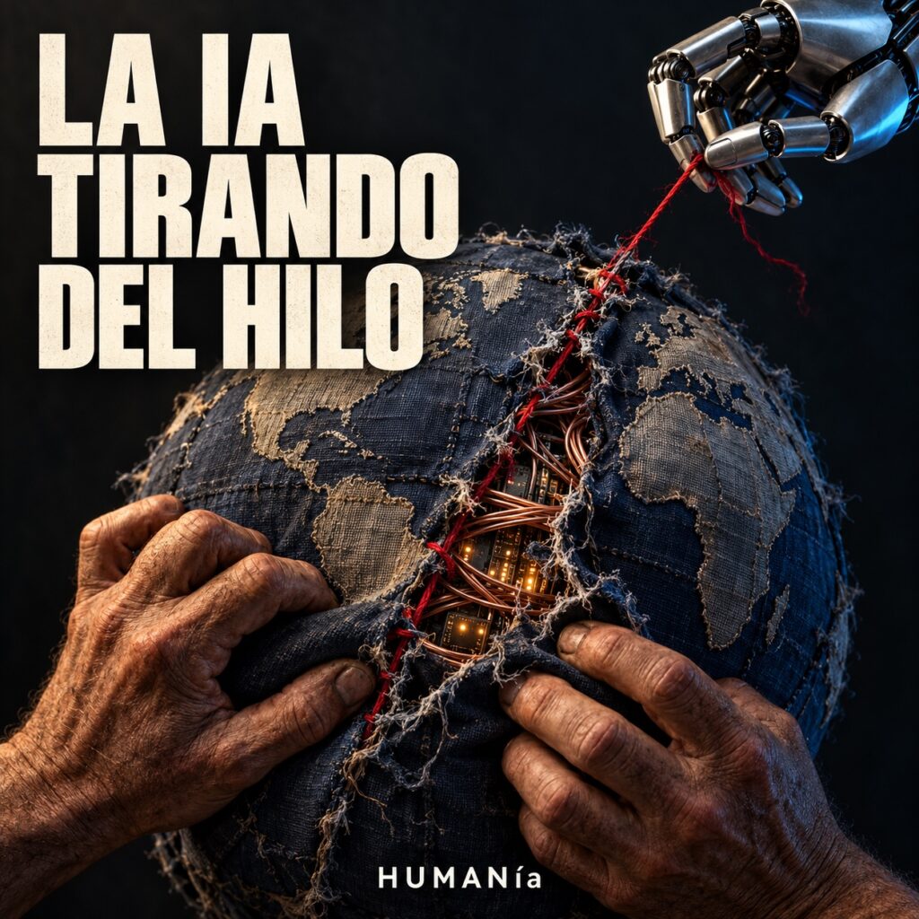 Manos humanas sujetan un globo de tela descosido mientras una mano robótica tira de un hilo rojo; bajo la tela aparecen circuitos. Texto de portada: «La IA tirando del hilo».
