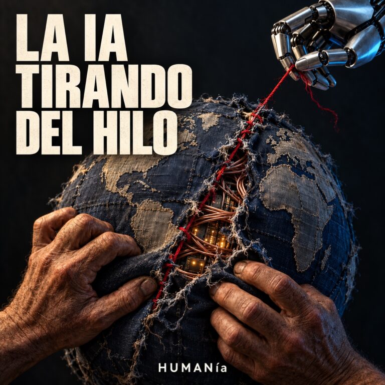 Manos humanas sujetan un globo de tela descosido mientras una mano robótica tira de un hilo rojo; bajo la tela aparecen circuitos. Texto de portada: «La IA tirando del hilo».