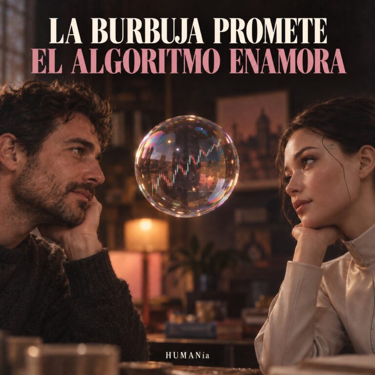 Portada de HUMANía: un hombre y una mujer de apariencia robótica se miran a través de una burbuja con un gráfico bursátil. Título: La burbuja promete, el algoritmo enamora.